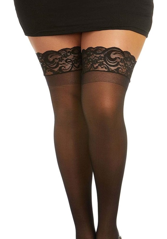 Dreamgirl Women's Plus Size Sheer Thigh High Socks with Silicone Lace Top - Black - Image 1